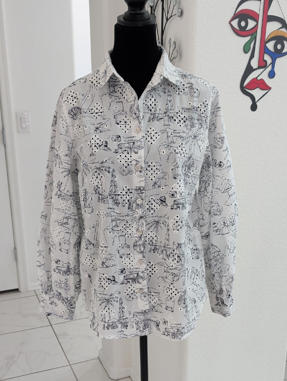Chico's Eyelet Black White Cotton Button Down Vacation Print Blouse Top 1 = 8 10